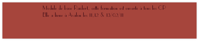 Module de base Raider1, cette formation est ouverte à tous les CP 
Elle a lieue à Avalon les 11,12 & 13/02/11